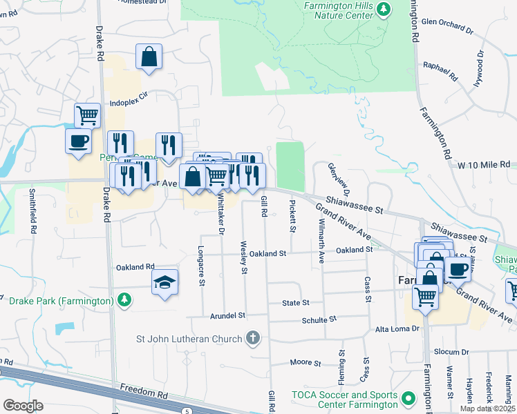 map of restaurants, bars, coffee shops, grocery stores, and more near 24055 Gill Road in Farmington