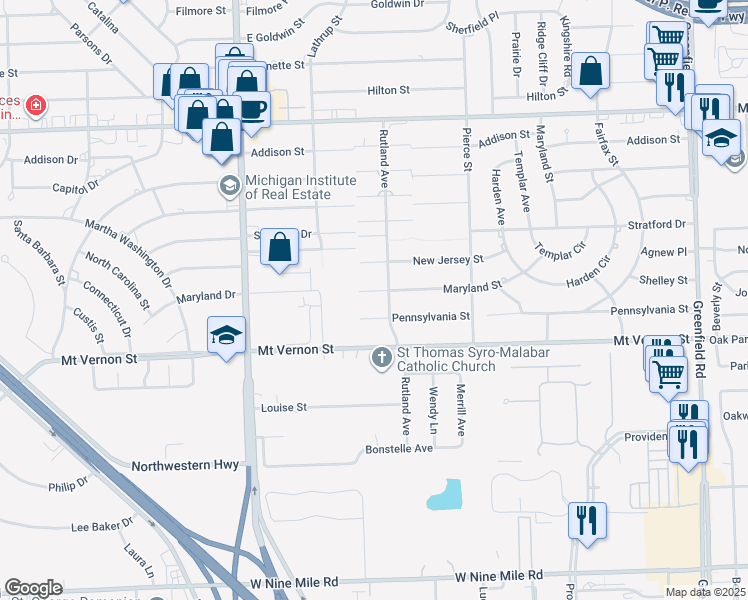 map of restaurants, bars, coffee shops, grocery stores, and more near 17245 Maryland Street in Southfield