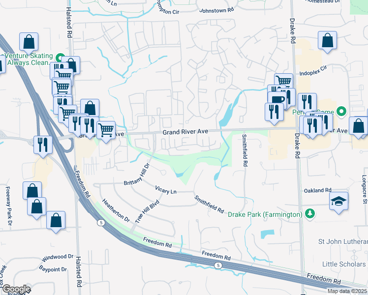 map of restaurants, bars, coffee shops, grocery stores, and more near 36221 Chatham Hills Apartment in Farmington
