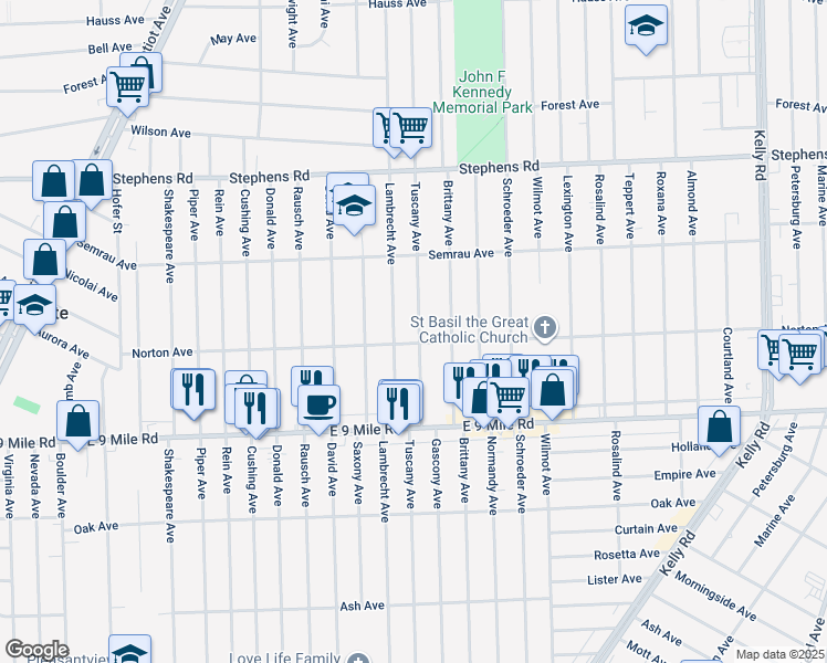 map of restaurants, bars, coffee shops, grocery stores, and more near 23026 Lambrecht Avenue in Eastpointe