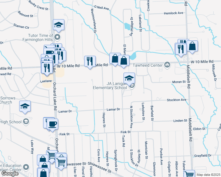 map of restaurants, bars, coffee shops, grocery stores, and more near 30445 Moran St in Farmington Hills