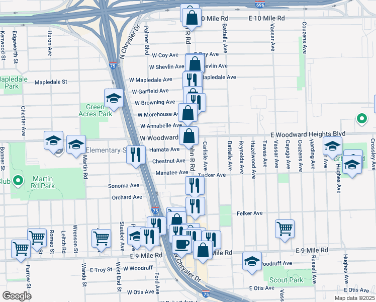 map of restaurants, bars, coffee shops, grocery stores, and more near 23919 John R Road in Hazel Park
