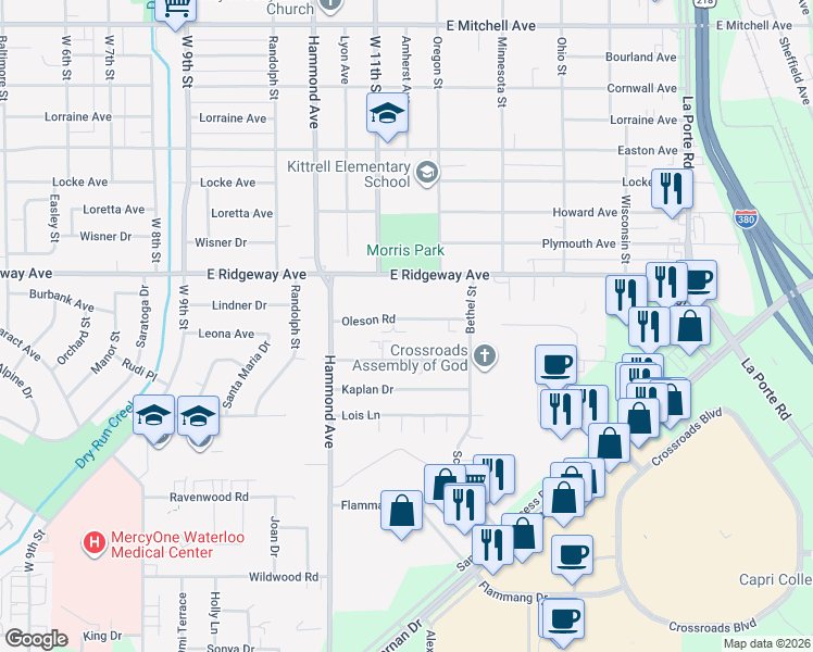 map of restaurants, bars, coffee shops, grocery stores, and more near 1122 Oleson Road in Waterloo