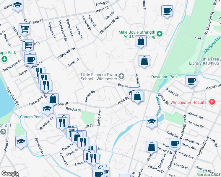 map of restaurants, bars, coffee shops, grocery stores, and more near 10 George Road in Winchester