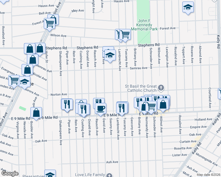 map of restaurants, bars, coffee shops, grocery stores, and more near 23035 Saxony Avenue in Eastpointe