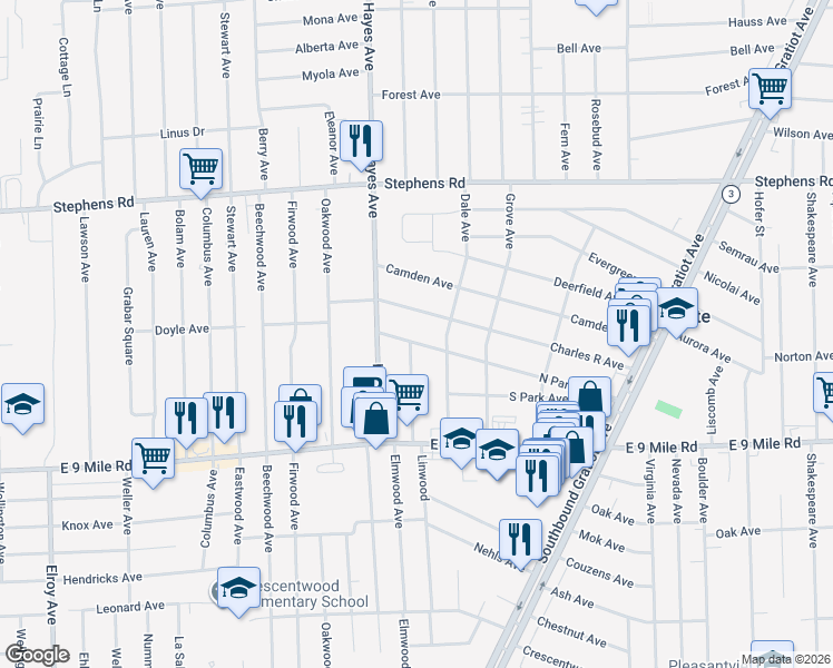 map of restaurants, bars, coffee shops, grocery stores, and more near 15145 North Park Avenue in Eastpointe