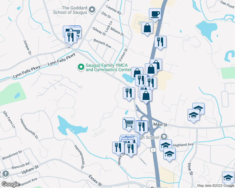 map of restaurants, bars, coffee shops, grocery stores, and more near 1803 Founders Way in Saugus