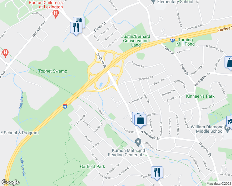 map of restaurants, bars, coffee shops, grocery stores, and more near 342 Bedford Street in Lexington