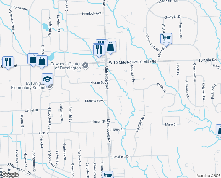 map of restaurants, bars, coffee shops, grocery stores, and more near 23840 Middlebelt Road in Farmington Hills