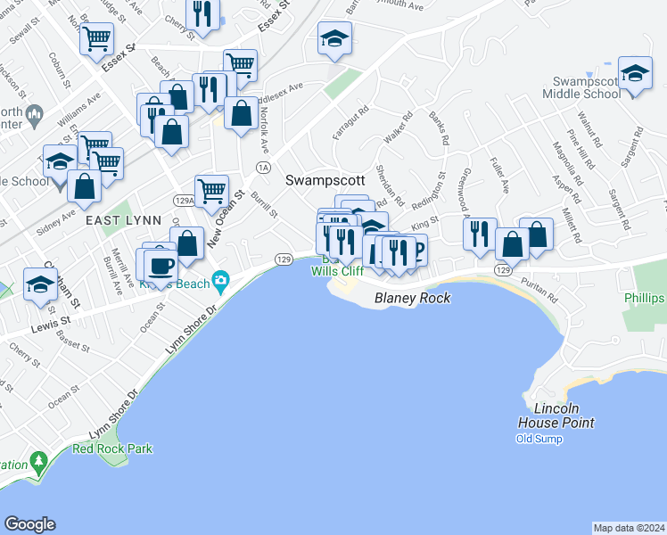map of restaurants, bars, coffee shops, grocery stores, and more near 141 Humphrey Street in Swampscott