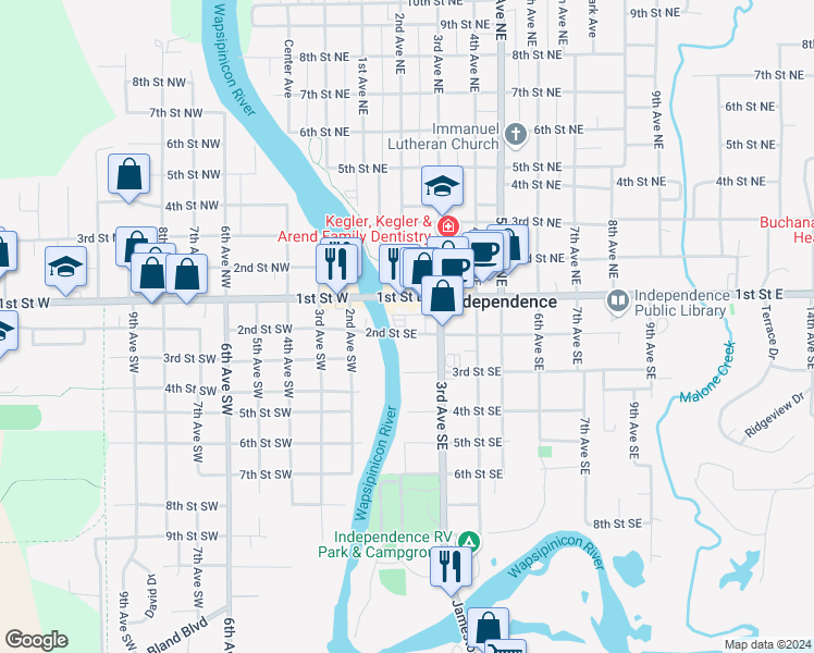 map of restaurants, bars, coffee shops, grocery stores, and more near 206 2nd Street Southeast in Independence