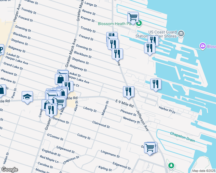 map of restaurants, bars, coffee shops, grocery stores, and more near 22709 Harper Lake Avenue in St. Clair Shores