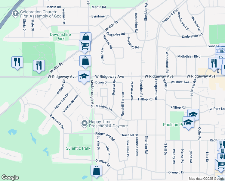 map of restaurants, bars, coffee shops, grocery stores, and more near 730 Russell Road in Waterloo