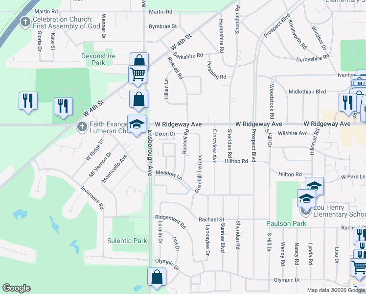 map of restaurants, bars, coffee shops, grocery stores, and more near 721 Russell Road in Waterloo