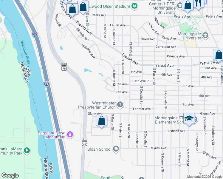 map of restaurants, bars, coffee shops, grocery stores, and more near 2871 Drewyer Avenue in Sioux City