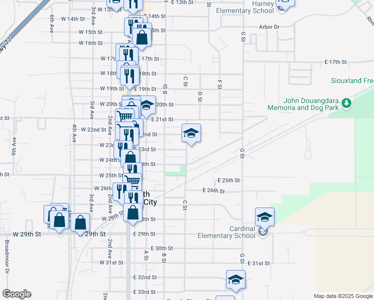 map of restaurants, bars, coffee shops, grocery stores, and more near 2300 C Street in South Sioux City