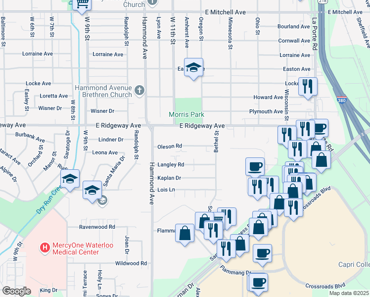 map of restaurants, bars, coffee shops, grocery stores, and more near 1122 Oleson Road in Waterloo