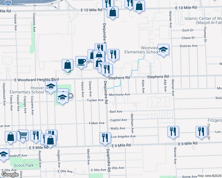 map of restaurants, bars, coffee shops, grocery stores, and more near 23855 Kathleen Avenue in Warren