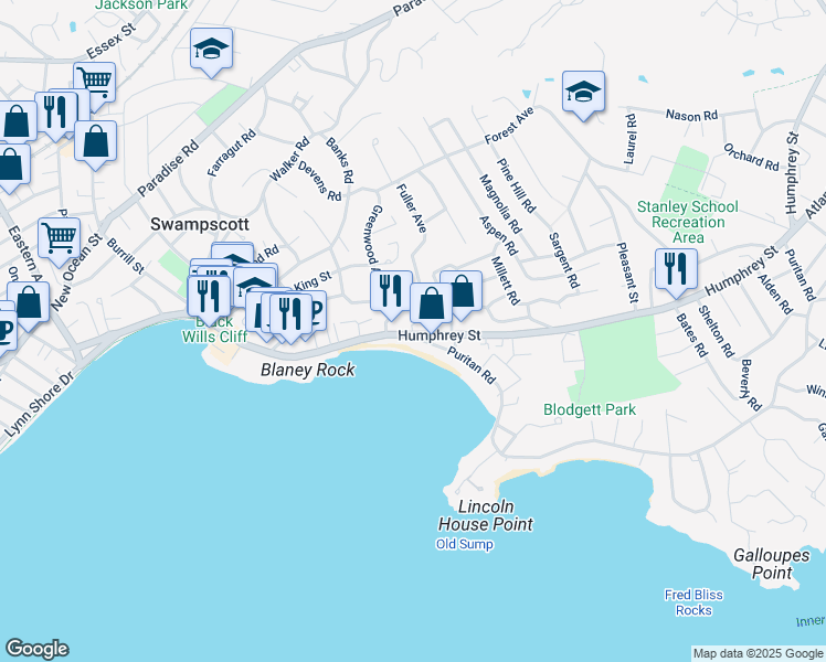 map of restaurants, bars, coffee shops, grocery stores, and more near 432 Humphrey Street in Swampscott