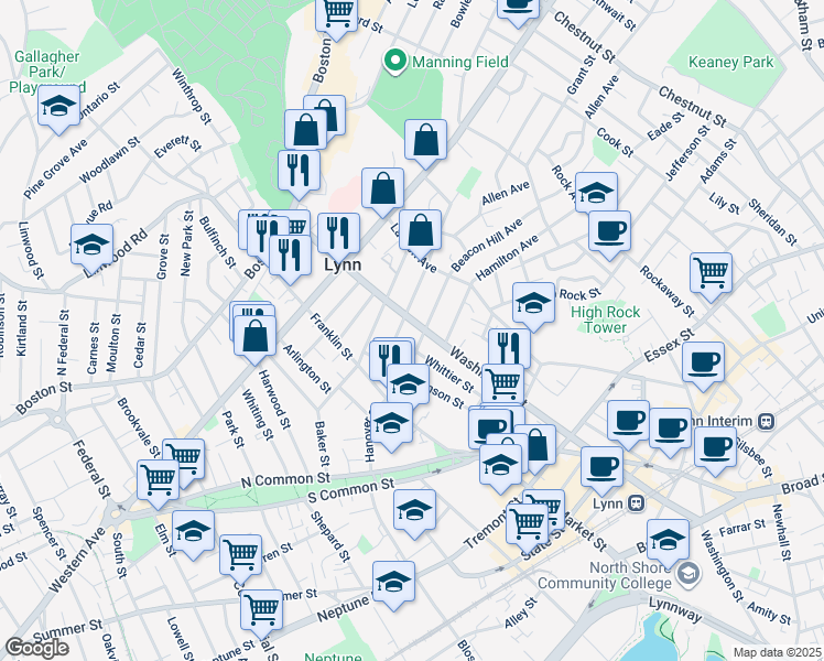 map of restaurants, bars, coffee shops, grocery stores, and more near 25 Henry Avenue in Lynn