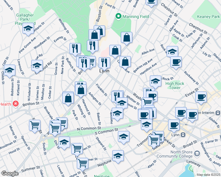 map of restaurants, bars, coffee shops, grocery stores, and more near 99 Laighton Street in Lynn
