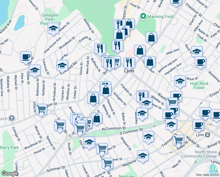 map of restaurants, bars, coffee shops, grocery stores, and more near 534 Western Avenue in Lynn