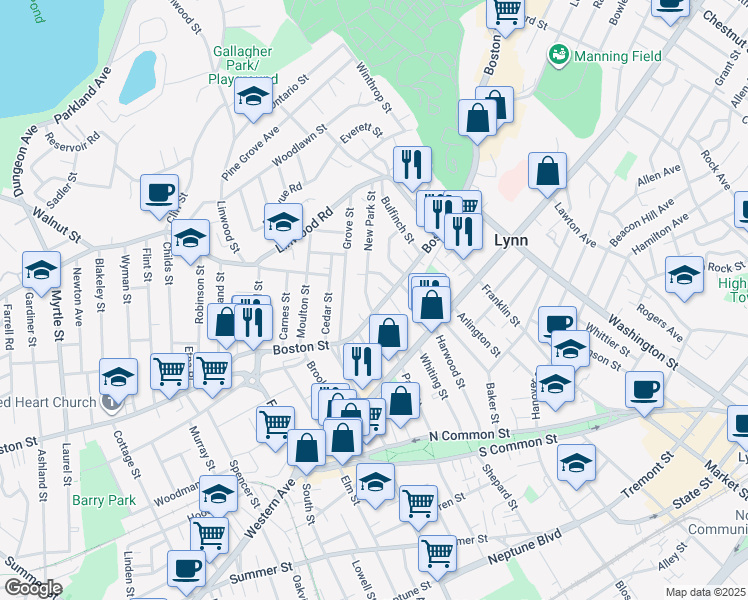 map of restaurants, bars, coffee shops, grocery stores, and more near 20 New Park Street in Lynn