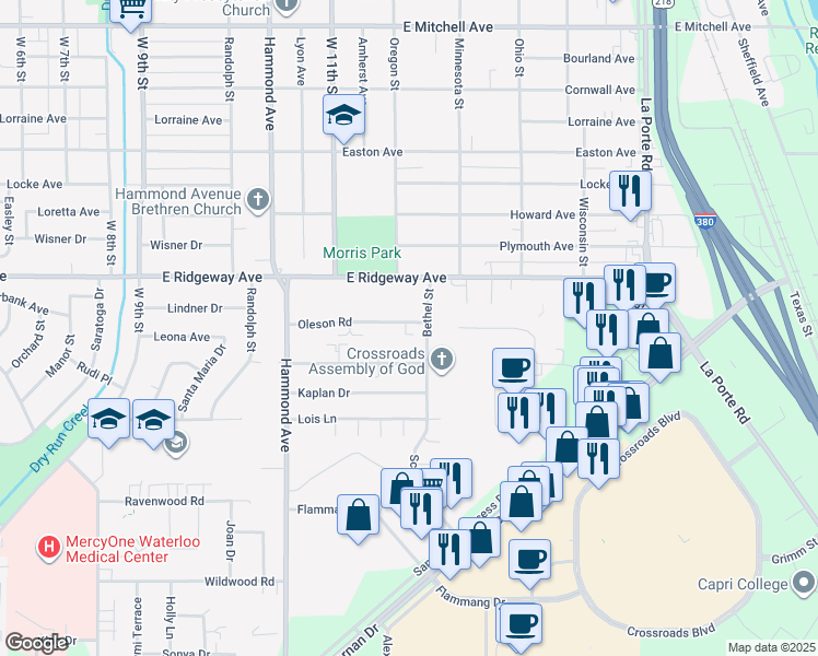 map of restaurants, bars, coffee shops, grocery stores, and more near 1213 Oleson Road in Waterloo
