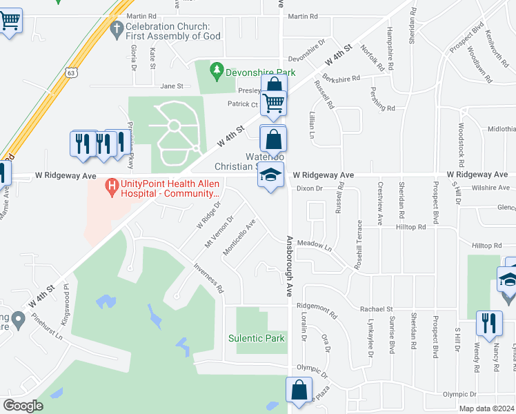 map of restaurants, bars, coffee shops, grocery stores, and more near 1307 West Ridgeway Avenue in Waterloo