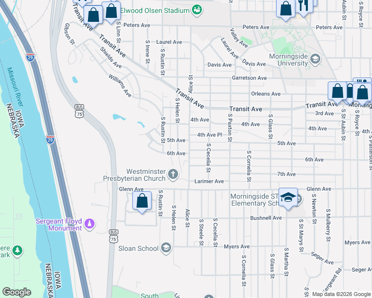 map of restaurants, bars, coffee shops, grocery stores, and more near 3115 5th Avenue in Sioux City