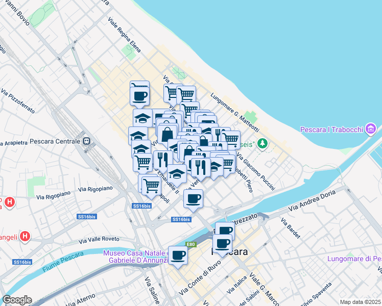map of restaurants, bars, coffee shops, grocery stores, and more near 91 Via Palermo in Pescara