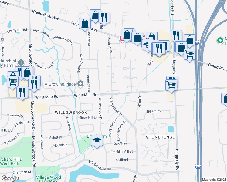 map of restaurants, bars, coffee shops, grocery stores, and more near 24240 Bashian Drive in Novi