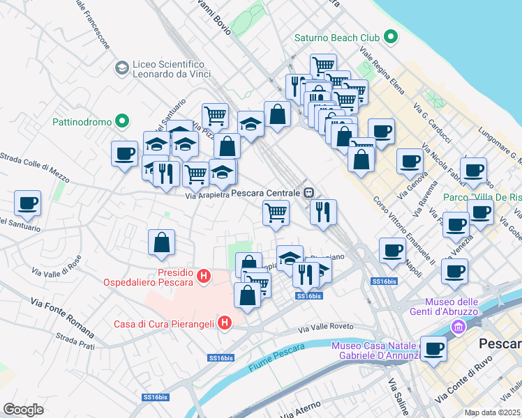 map of restaurants, bars, coffee shops, grocery stores, and more near 43 Via Arapietra in Pescara
