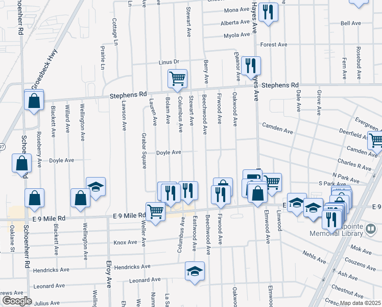map of restaurants, bars, coffee shops, grocery stores, and more near 23295 Stewart Avenue in Warren