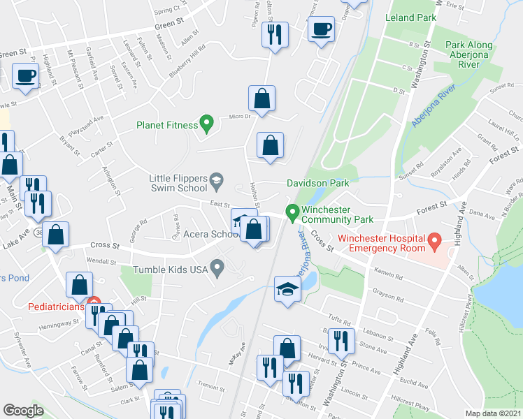 map of restaurants, bars, coffee shops, grocery stores, and more near 1 Holton Street in Winchester