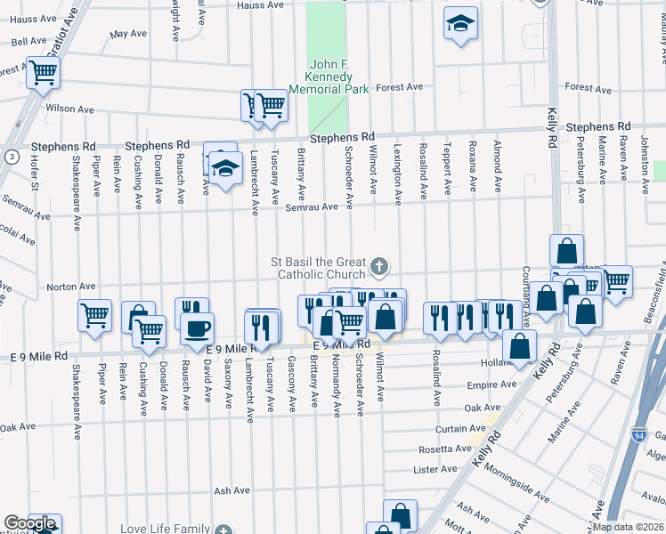 map of restaurants, bars, coffee shops, grocery stores, and more near 23027 Normandy Avenue in Eastpointe