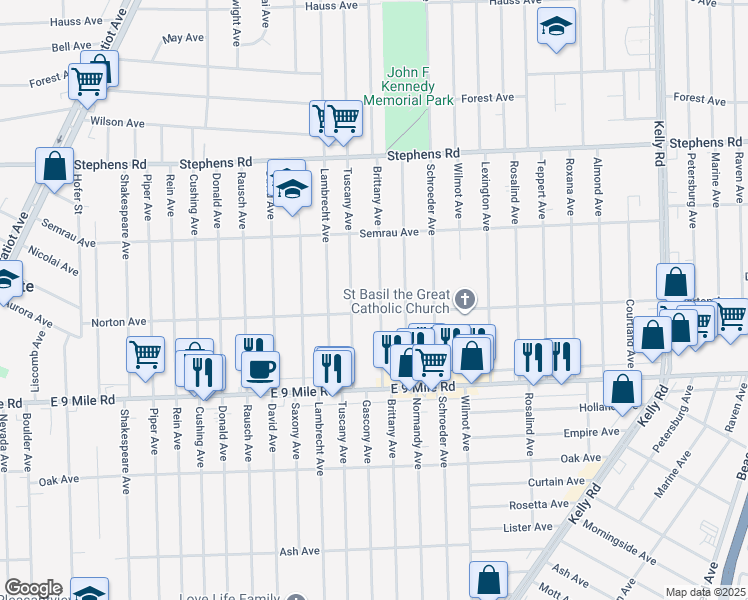 map of restaurants, bars, coffee shops, grocery stores, and more near 23023 Brittany Avenue in Eastpointe