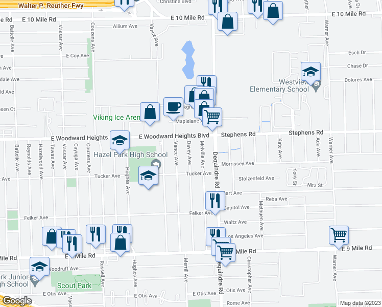 map of restaurants, bars, coffee shops, grocery stores, and more near 23784 Davey Avenue in Hazel Park