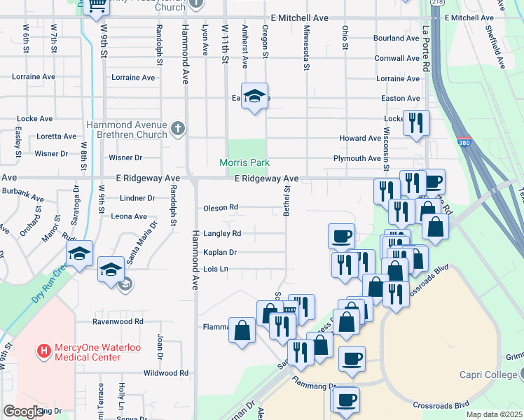 map of restaurants, bars, coffee shops, grocery stores, and more near 1213 Oleson Road in Waterloo