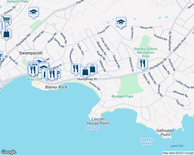 map of restaurants, bars, coffee shops, grocery stores, and more near 488 Humphrey Street in Swampscott