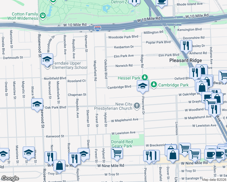 map of restaurants, bars, coffee shops, grocery stores, and more near 135 Cambridge Blvd in Pleasant Ridge