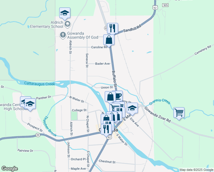 map of restaurants, bars, coffee shops, grocery stores, and more near 31 Union Street in Gowanda