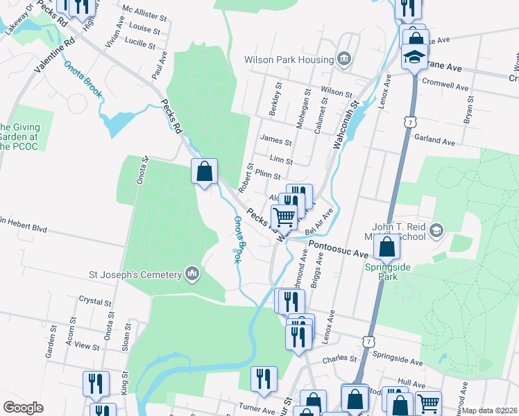 map of restaurants, bars, coffee shops, grocery stores, and more near 7 Students Lane in Pittsfield