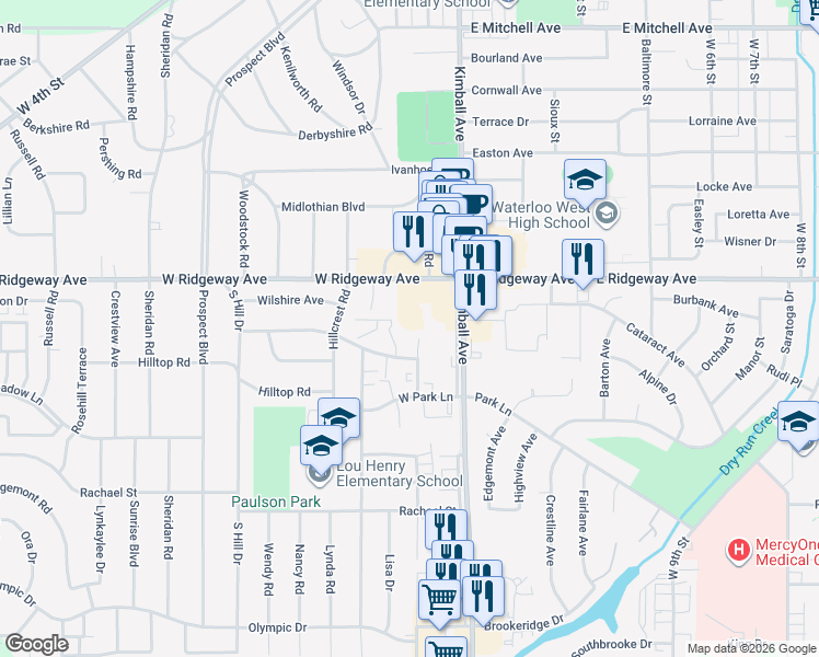 map of restaurants, bars, coffee shops, grocery stores, and more near 3120 Brockway Road in Waterloo