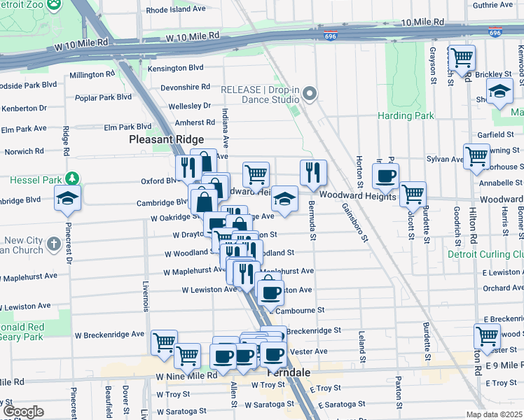 map of restaurants, bars, coffee shops, grocery stores, and more near 271 East Oakridge Avenue in Ferndale