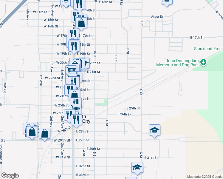 map of restaurants, bars, coffee shops, grocery stores, and more near 2300 C Street in South Sioux City