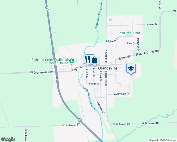 map of restaurants, bars, coffee shops, grocery stores, and more near 109 South Mill Street in Orangeville