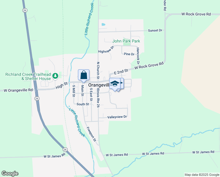 map of restaurants, bars, coffee shops, grocery stores, and more near 201 South Orange Street in Orangeville