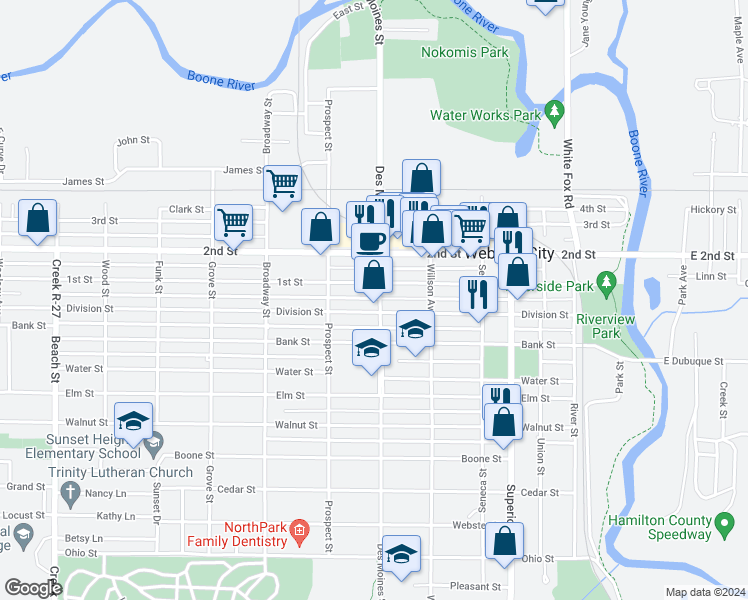 map of restaurants, bars, coffee shops, grocery stores, and more near 813 Des Moines Street in Webster City
