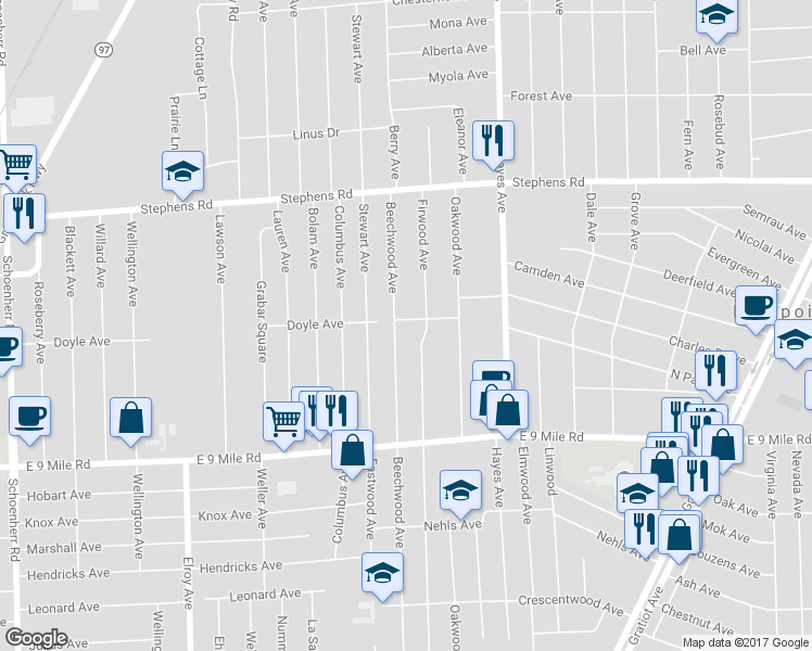 map of restaurants, bars, coffee shops, grocery stores, and more near 22932 Beechwood Avenue in Eastpointe